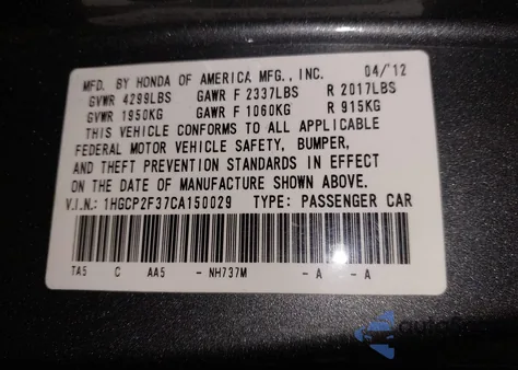 2012 Honda Accord 2.4 Lx from USA, damaged, VIN 1HGCP2F37CA150029